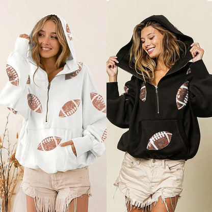 🔥'Glam Kickoff' Football Game Day Long Sleeve Half-Zip Hoodie