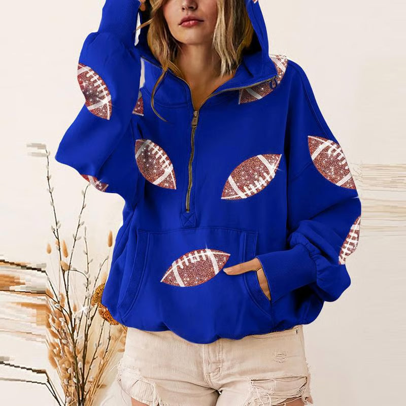 🔥'Glam Kickoff' Football Game Day Long Sleeve Half-Zip Hoodie